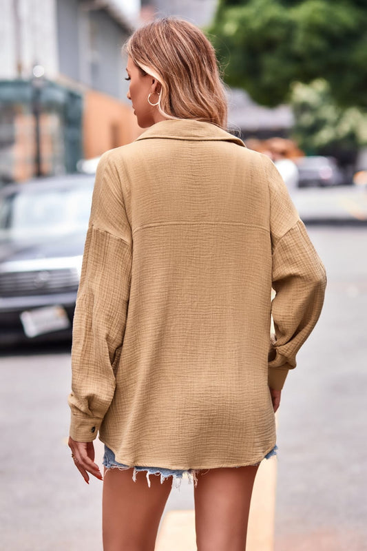 Full Size Textured Dropped Shoulder Longline Shirt