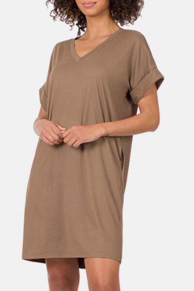 Zenana Rolled Short Sleeve V-Neck Dress - Brand Zenana