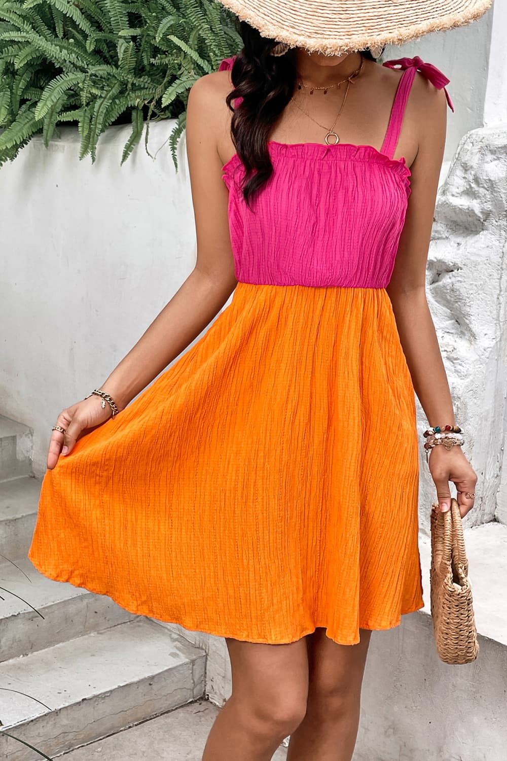 SO SASSY Two-Tone Tie-Shoulder Frill Trim Dress