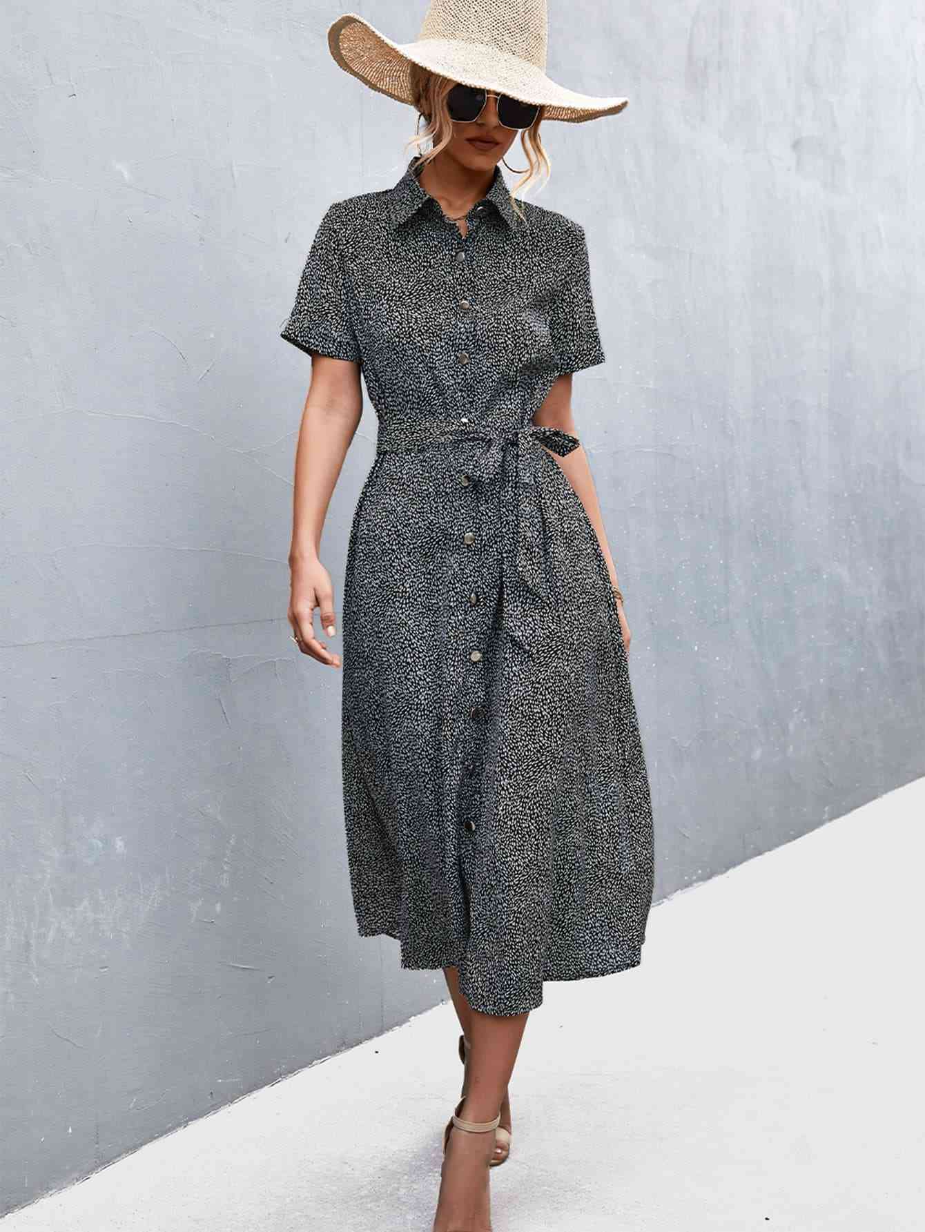 Black Printed Tie Waist Short Sleeve Shirt Dress