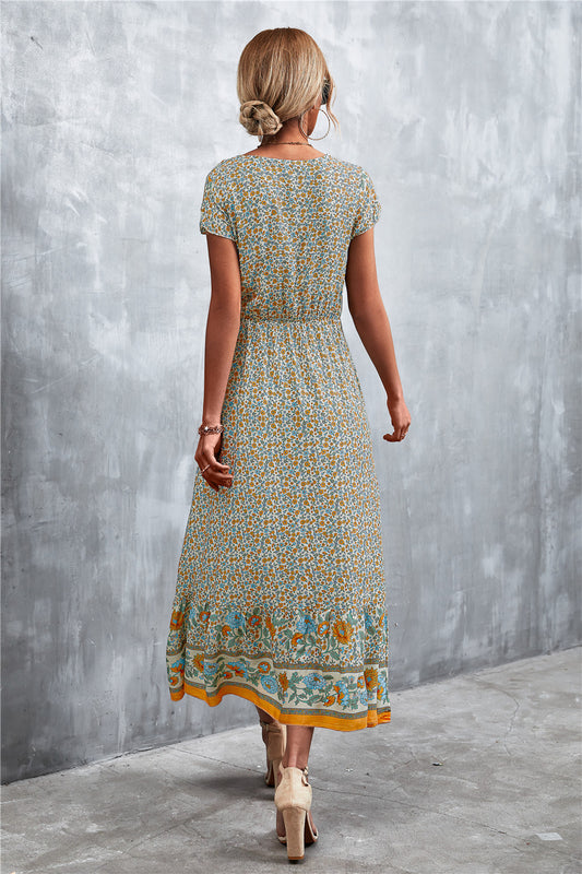 Full Size V-Neck Short Sleeve Printed Maxi Dress