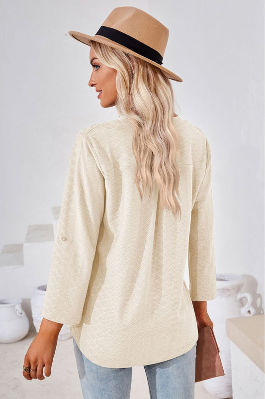 Full Size V-Neck Roll-Tap Sleeve Blouse