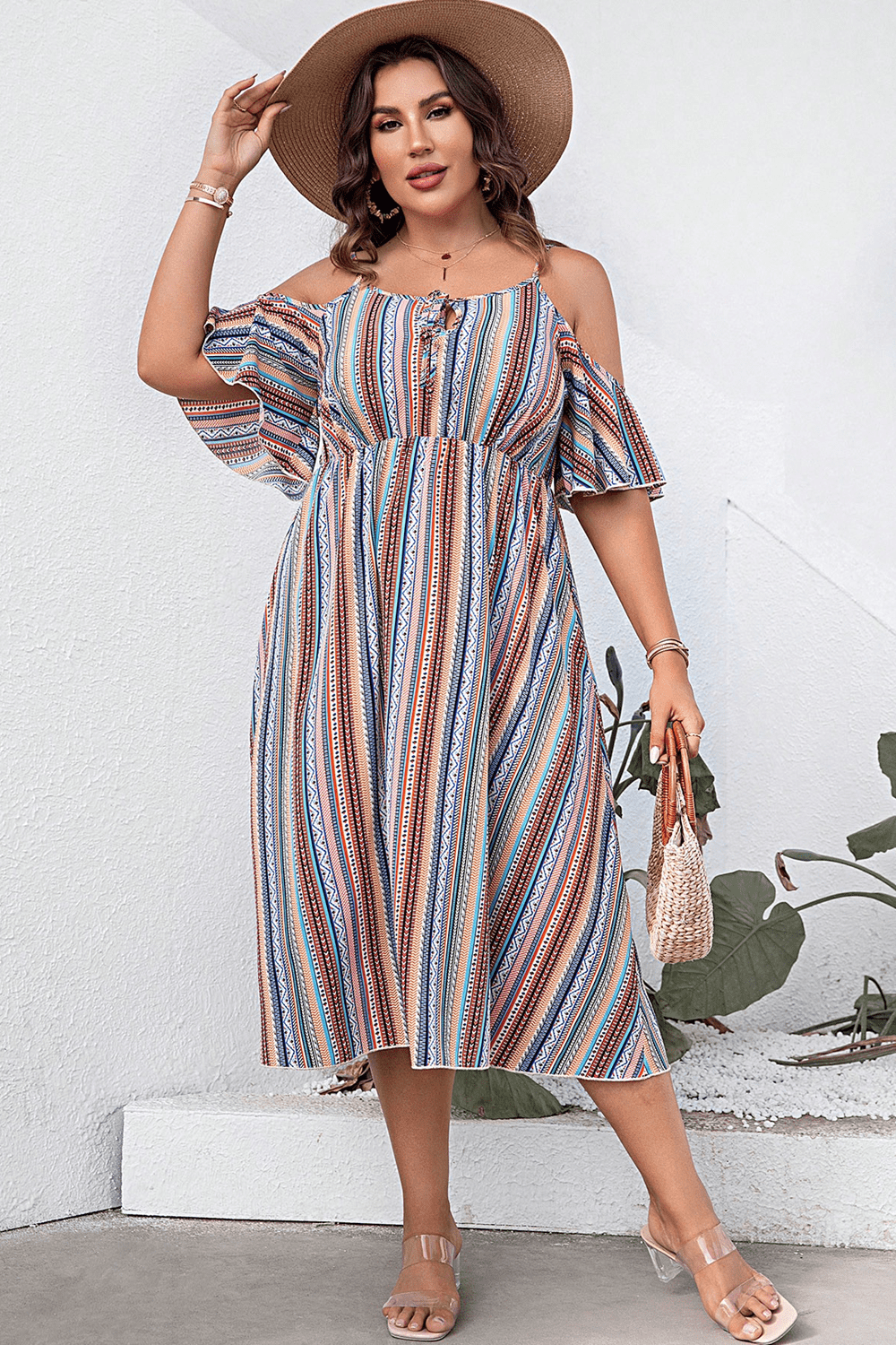 Penelope Plus Size Striped Cold-Shoulder Dress