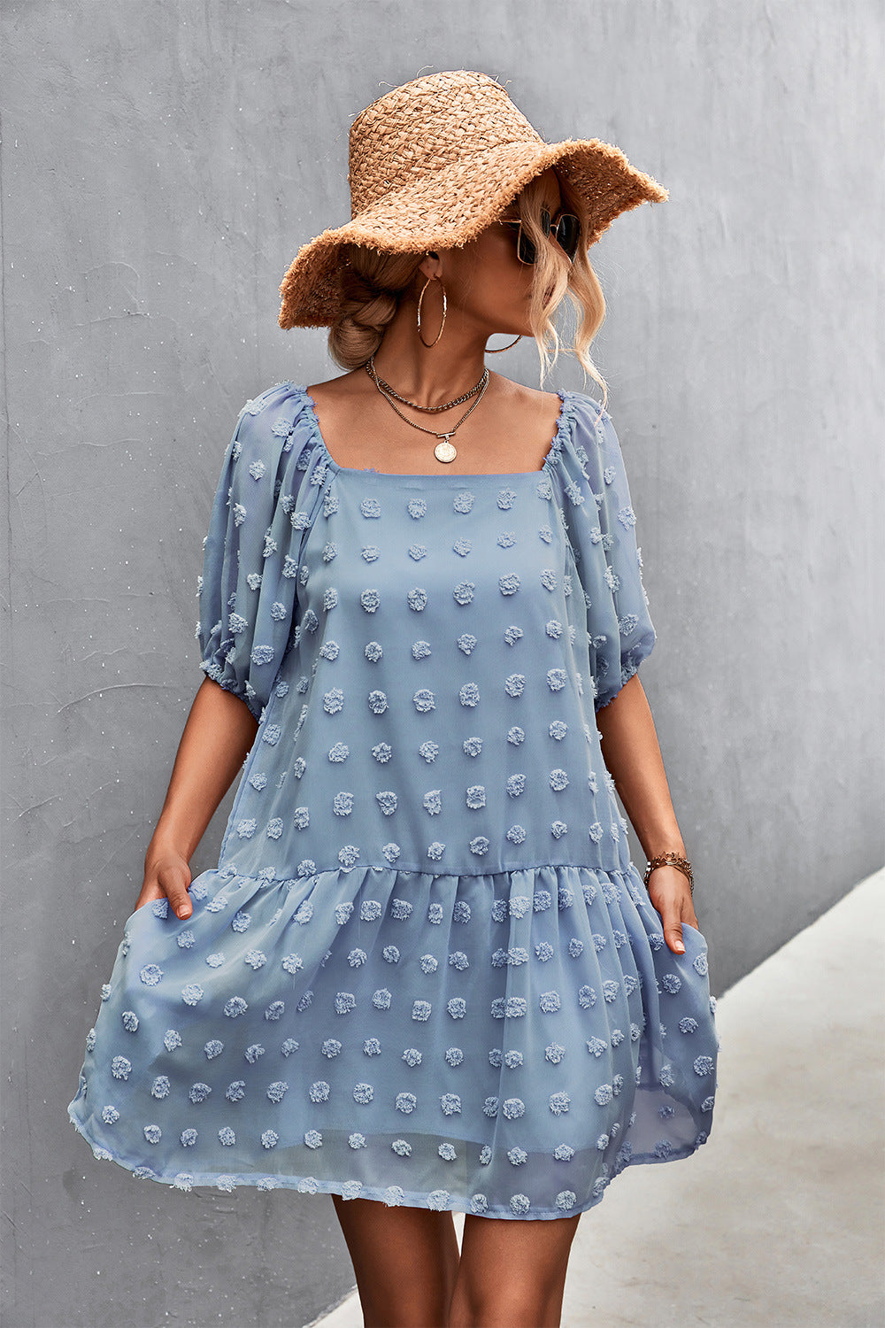 Women's Swiss Dot Square Neck Half Balloon Sleeve Dress