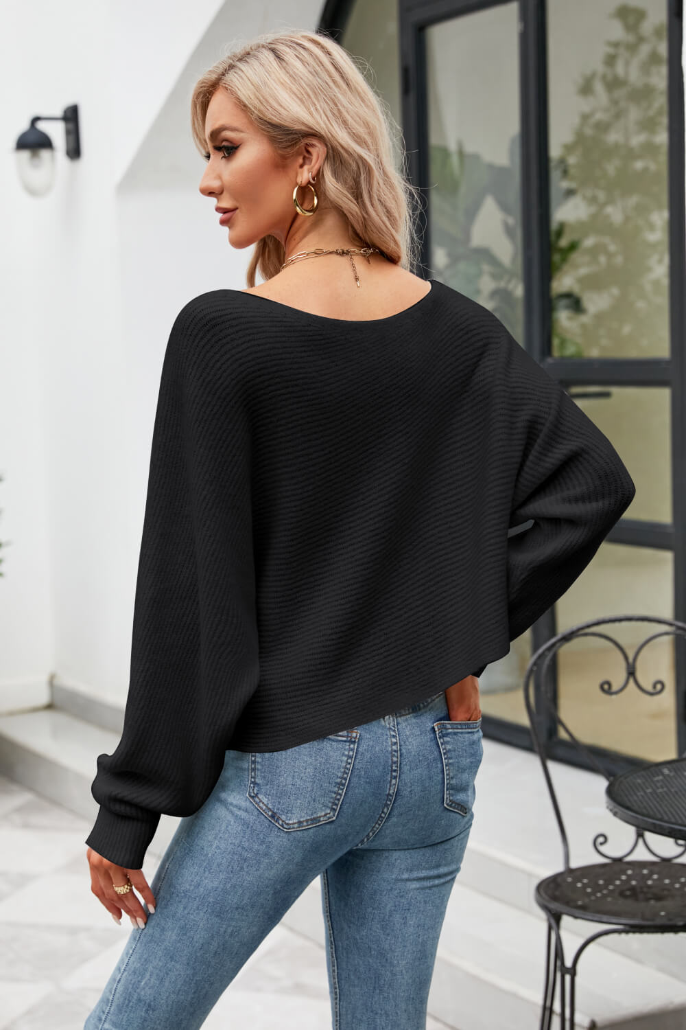 Women's Boat Neck Horizontal Ribbing Dolman Sleeve Sweater