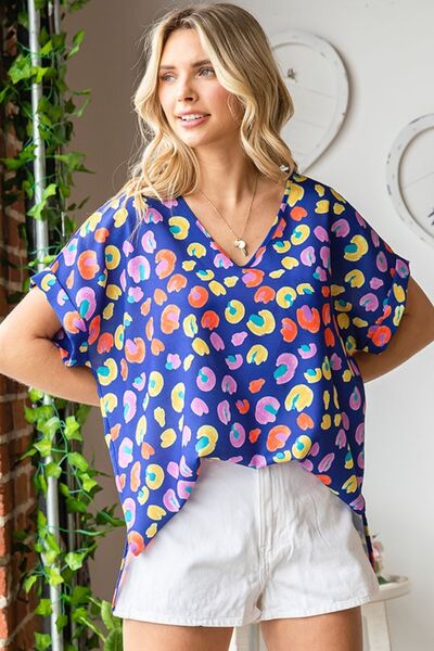 First Love Printed V-Neck Short Sleeve Blouse *