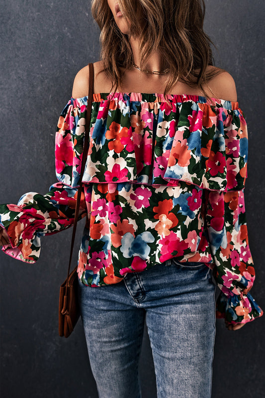 Women's Full Size Floral Off-Shoulder Flounce Sleeve Layered Blouse