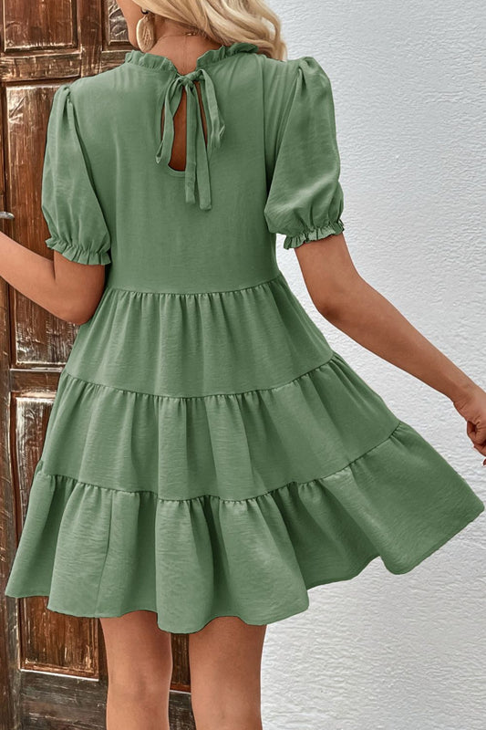 SOCHIC Puff Sleeve Tie Back Tiered Dress