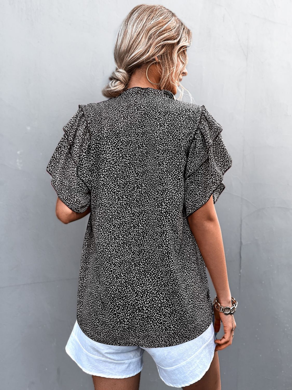 SO CHIC Printed Flutter Sleeve V-Neck Top