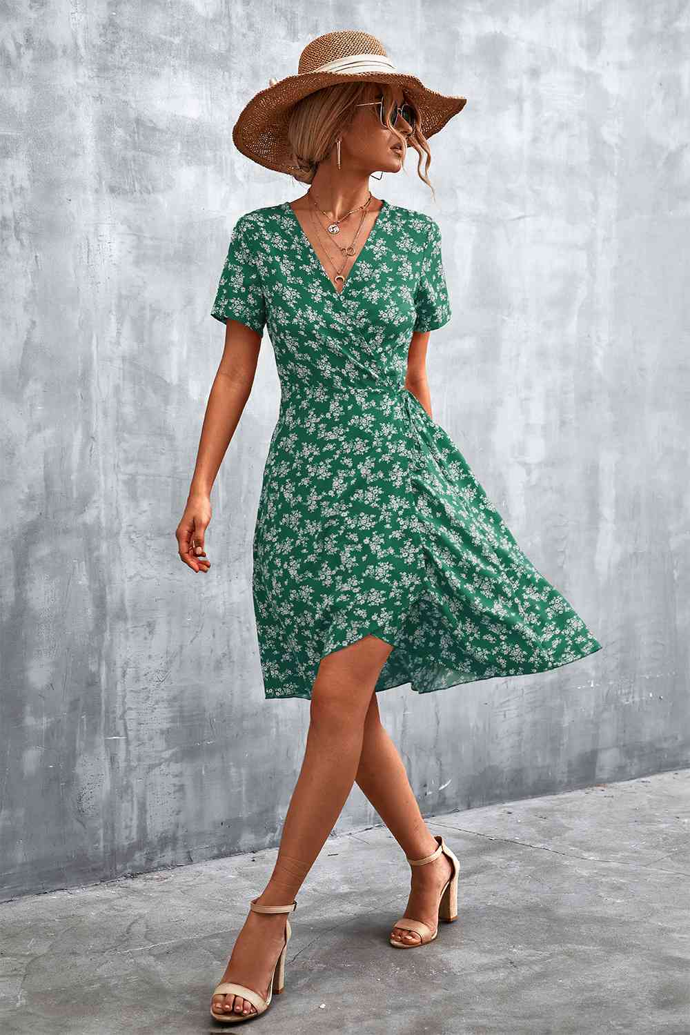 Full Size Floral Surplice Neck Flutter Sleeve Dress