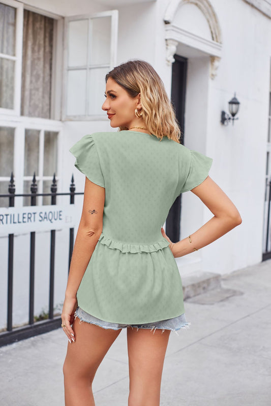 Full Size Buttoned V-Neck Ruffle Trim Top