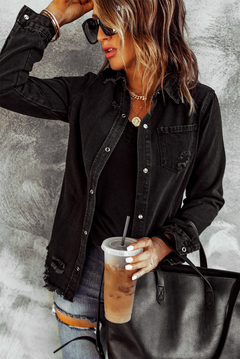 Women's Full Size Distressed Snap Down Denim Jacket