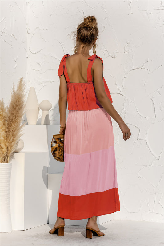 Full Size Color Block Tie Shoulder Tiered Sleeveless Dress