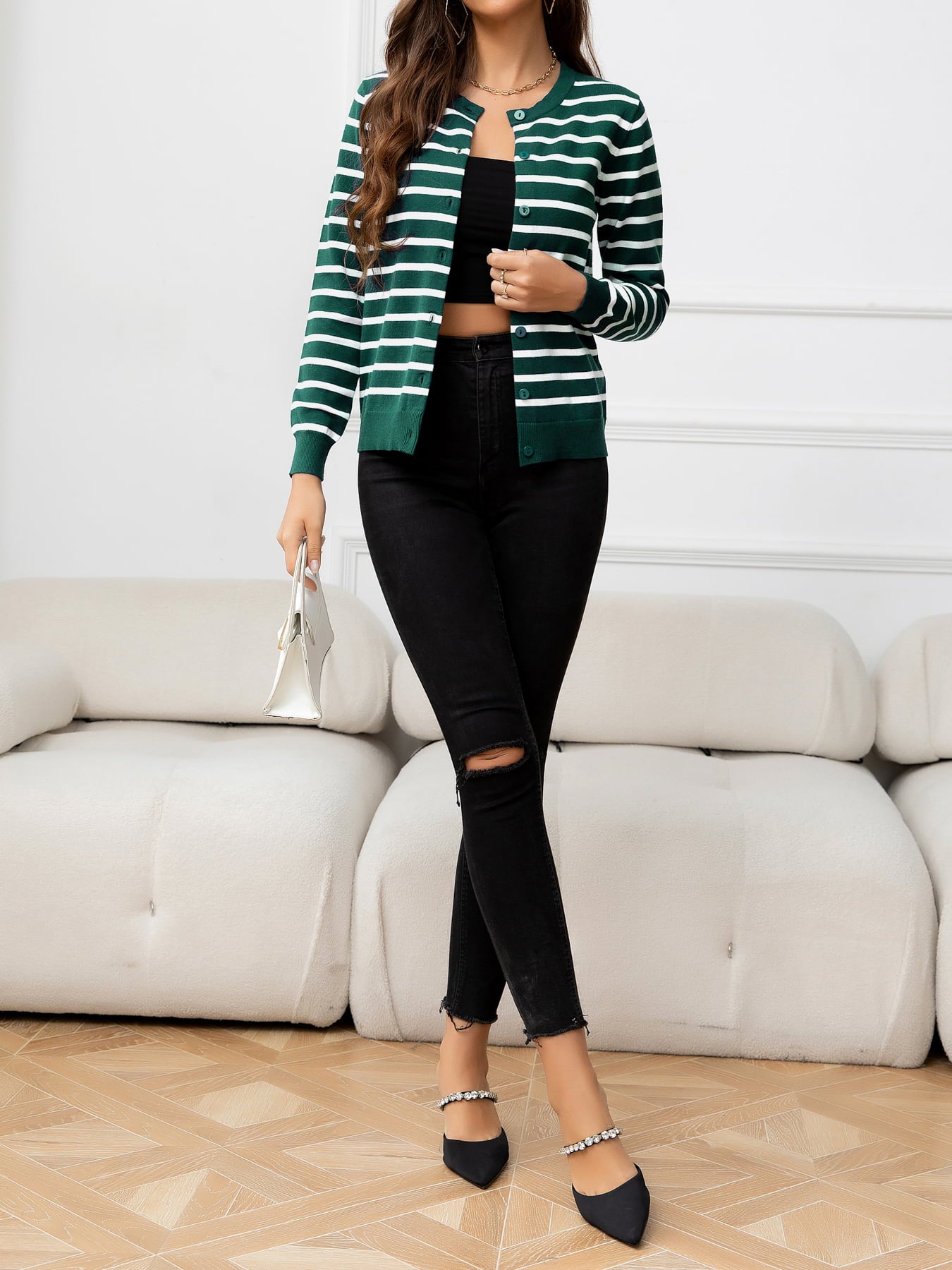 AuroraBlissX Striped Round Neck Long Sleeve Buttoned Knit Top