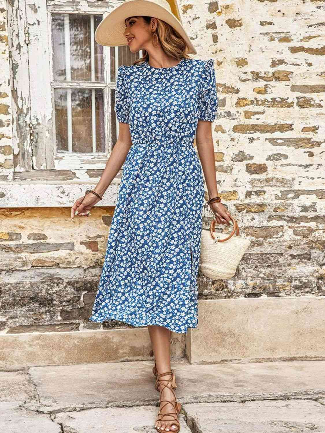 Blue Full Size Floral Round Neck Split Midi Dress
