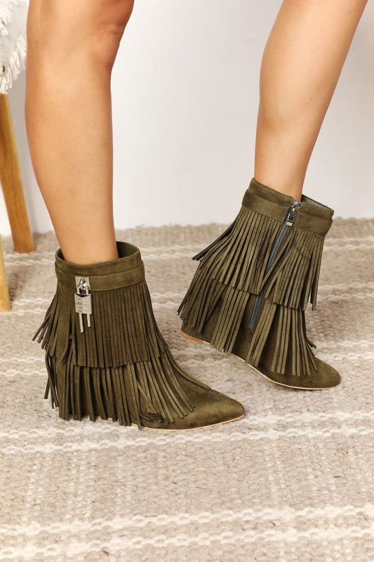 Legend Women's Tassel Wedge Heel Olive Ankle Boots