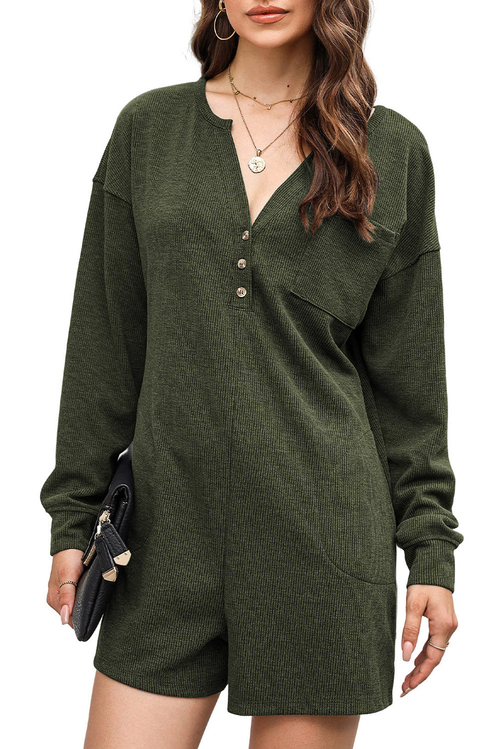 Adrienne Full Size Notched Neck Long Sleeve Romper