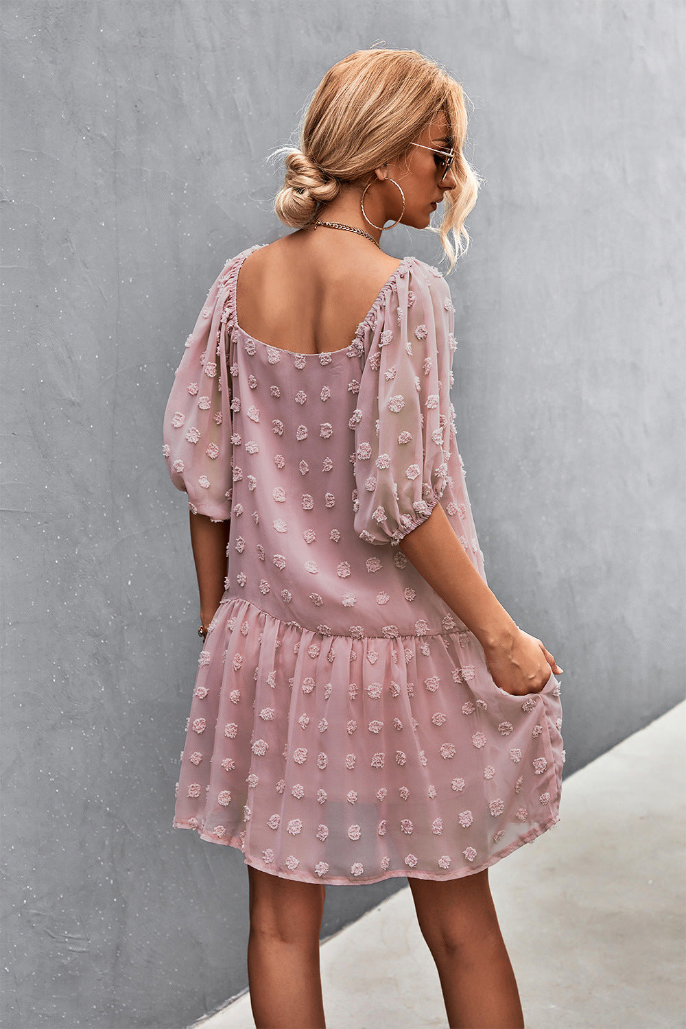 Women's Swiss Dot Square Neck Half Balloon Sleeve Dress
