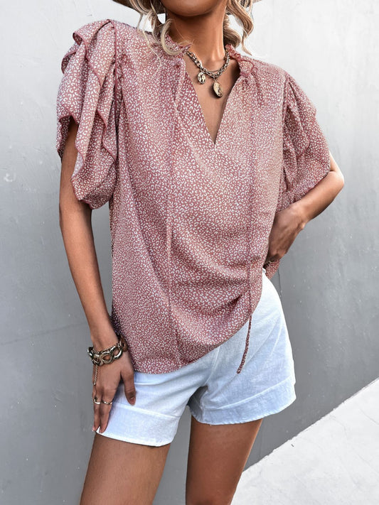 SO CHIC Printed Flutter Sleeve V-Neck Top