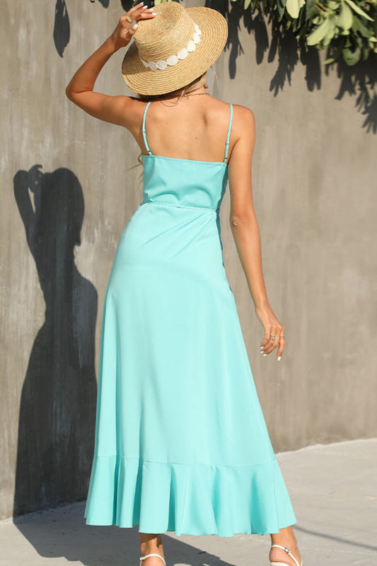 SOHEAVENLY Decorative Button Spaghetti Strap Ruffle Hem Dress