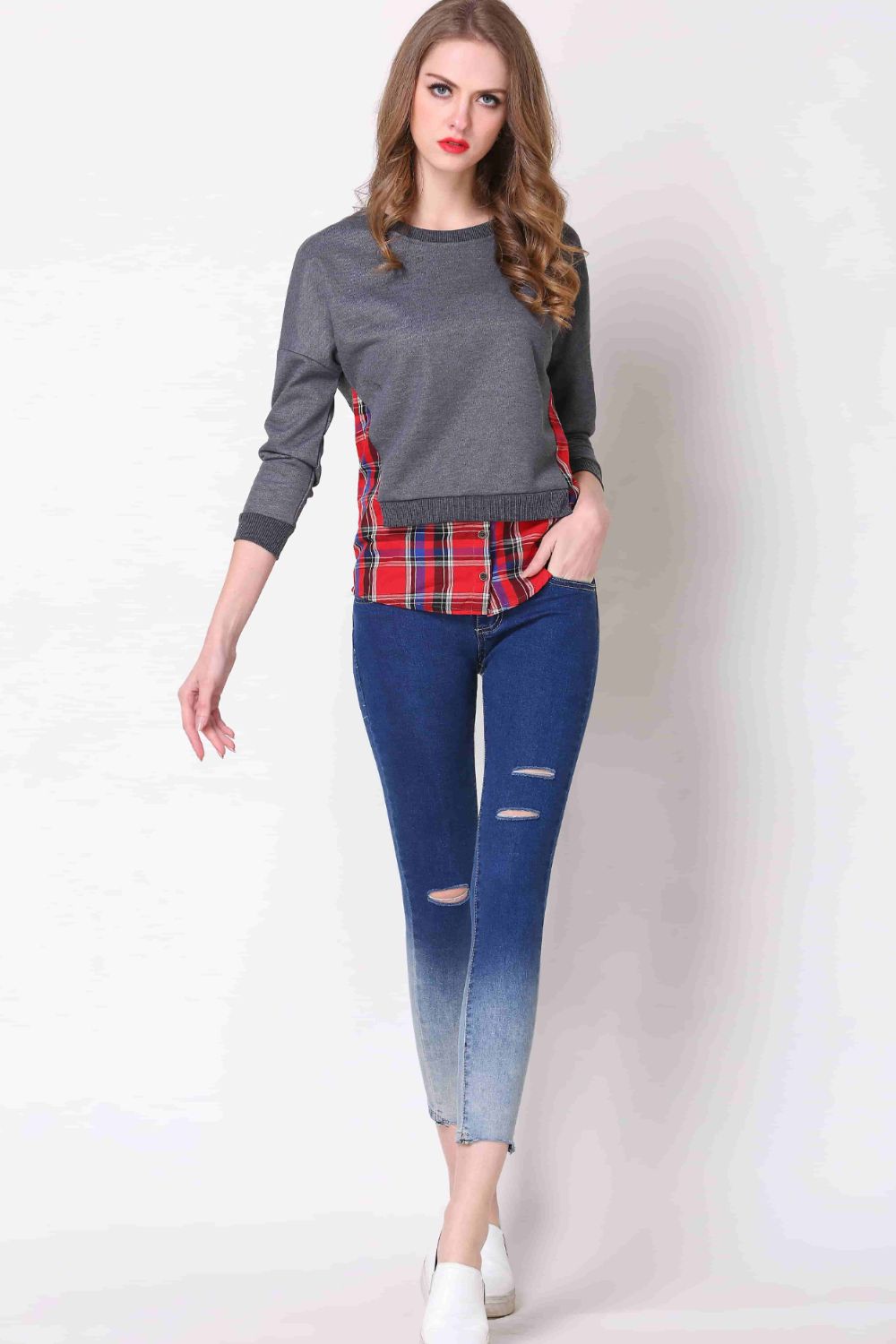 Women's Full Size Plaid Patch Drop Shoulder Round Neck Top