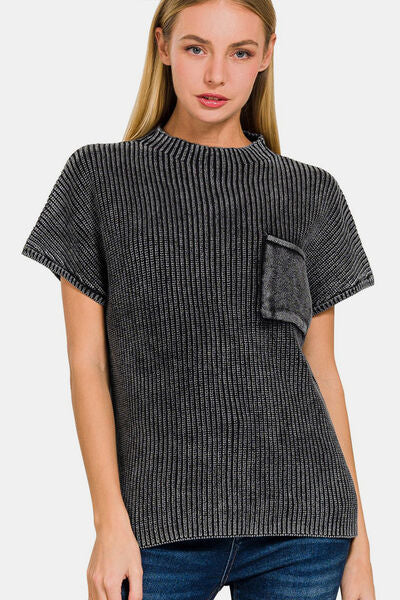 Zenana Pocketed Mock Neck Short Sleeve Sweater - Brand Zenana