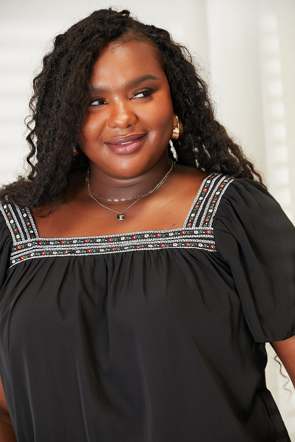 Double Take Black Contrast Square Neck Puff Sleeve Blouse *