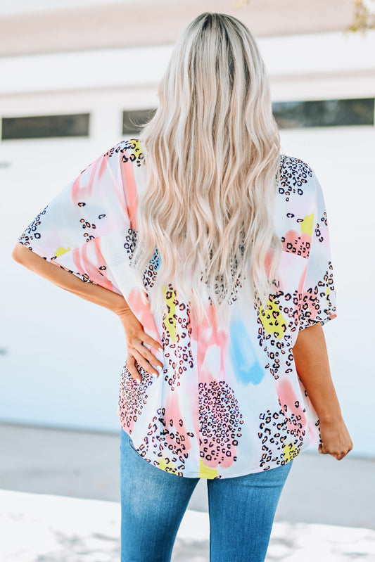 Full Size Mixed Print V-Neck Half Sleeve Top