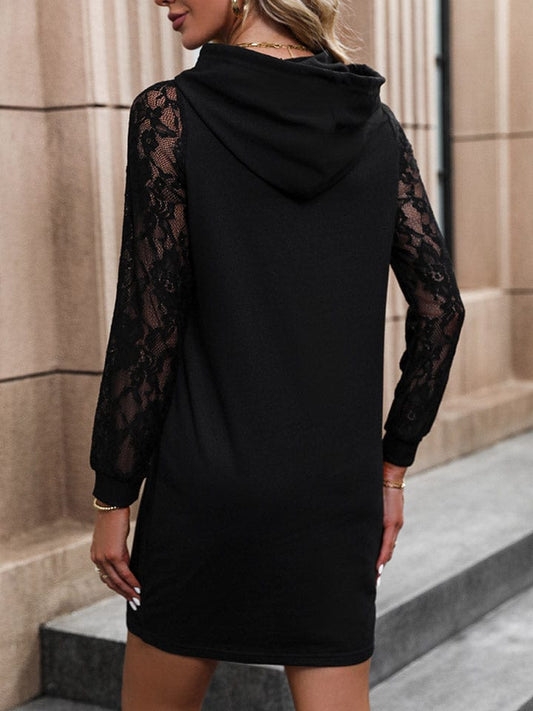 Lace Trim Long Sleeve Hooded Black Dress