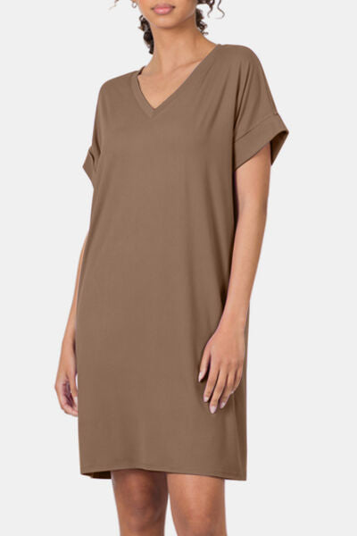 Zenana Rolled Short Sleeve V-Neck Dress - Brand Zenana