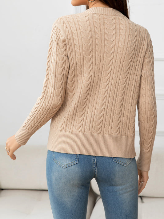 AuroraBlissX V-Neck Long Sleeve Cable-Knit Buttoned Knit Top
