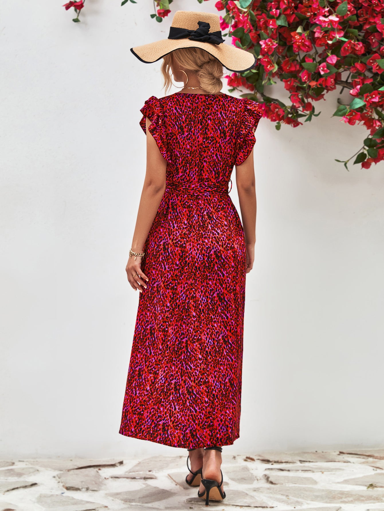 Aya Printed Surplice Neck Flutter Sleeve Slit Dress