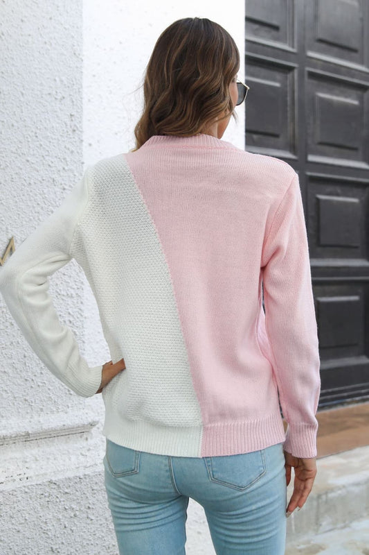 NatashaJay Contrast Color Round Neck Long Sleeve Sweater 🦋