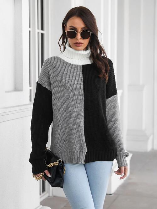 SnuggleTime Contrast Turtleneck Long Sleeve Black Sweater