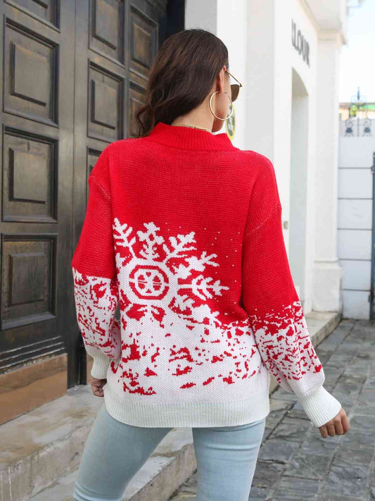 KnittedEmporium Christmas Snowflake Pattern Mock Neck Sweater