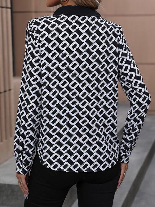 LoveByHannah Printed Collared Neck Black Long Sleeve Shirt