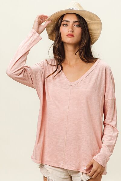 BiBi Exposed Seam V-Neck Long Sleeve T-Shirt - Brand BiBi