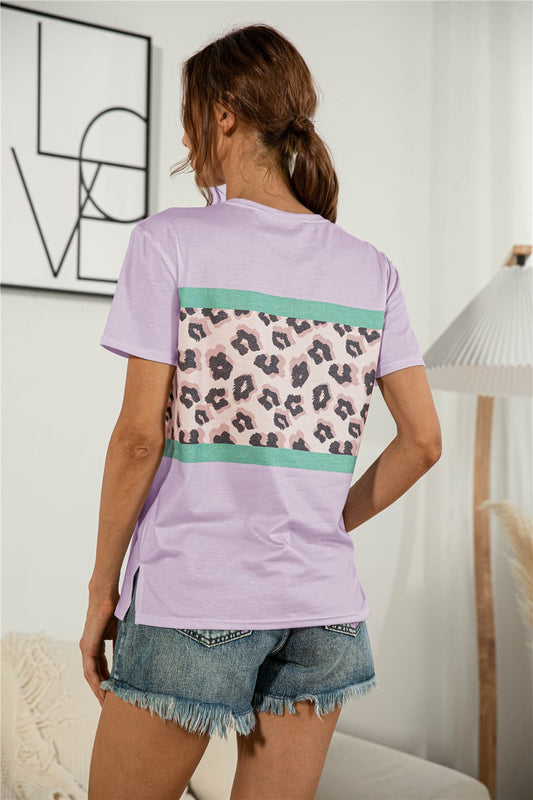 Leopard Color Block Side Slit Tee