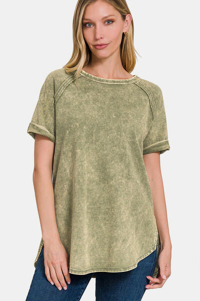Zenana Heathered Round Neck Short Sleeve Blouse - Brand Zenana