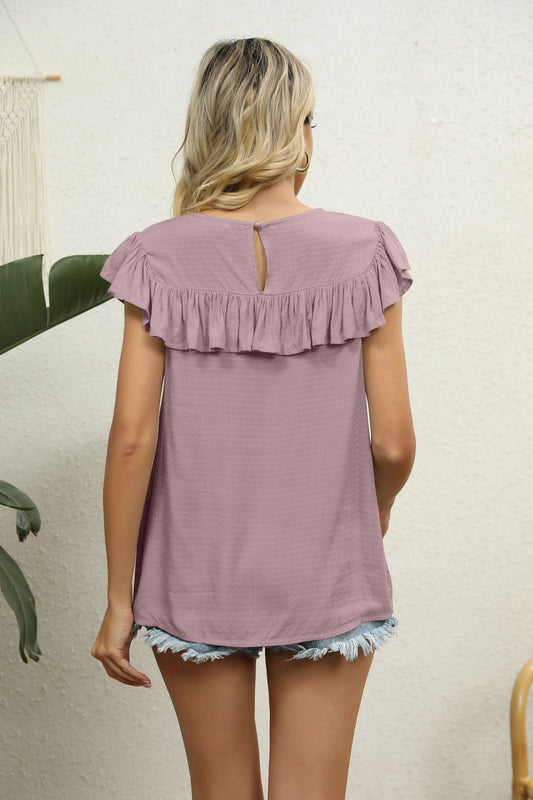 Full Size Spliced Lace Ruffled Blouse