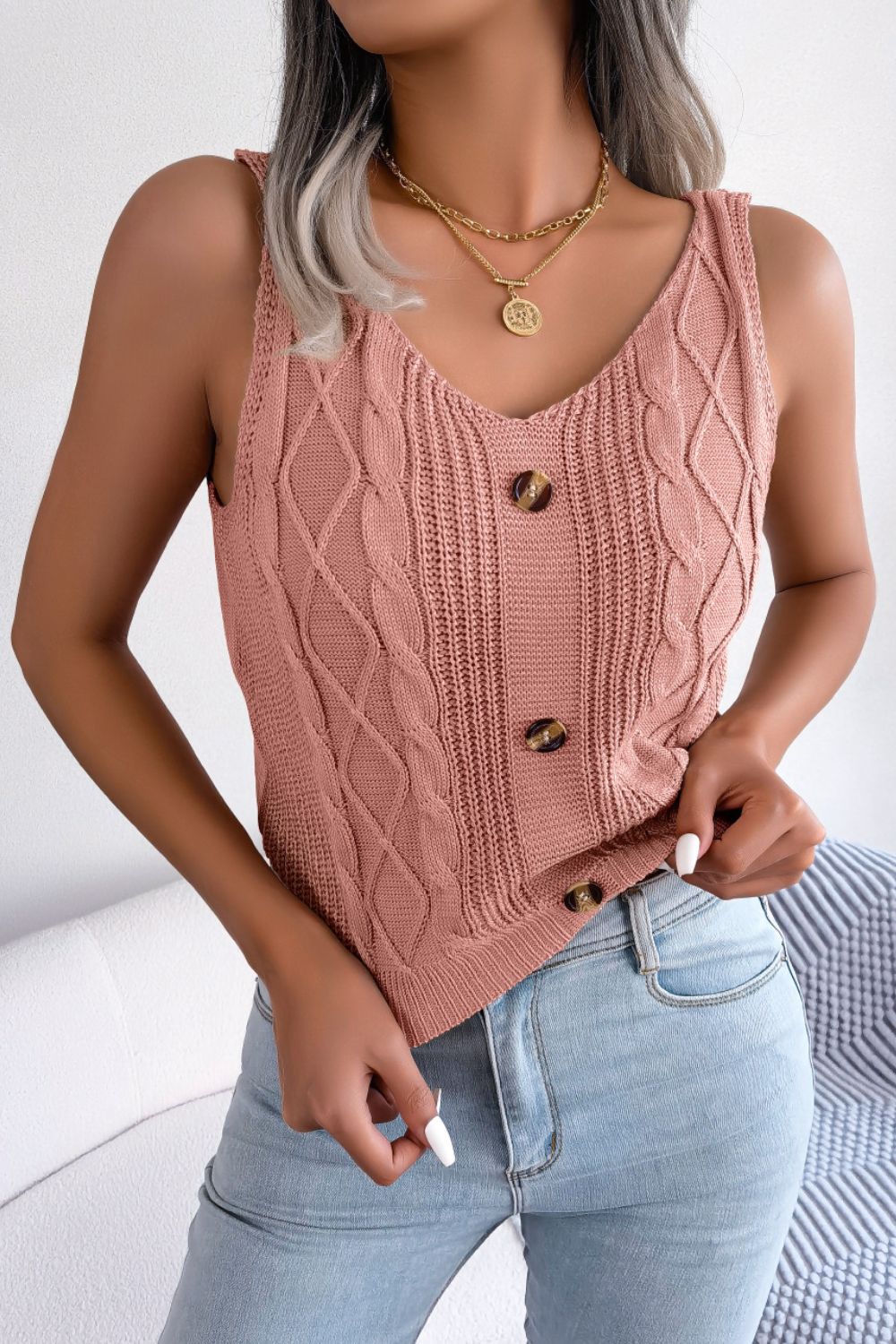 SUN&SAND Decorative Button Mixed Knit Tank