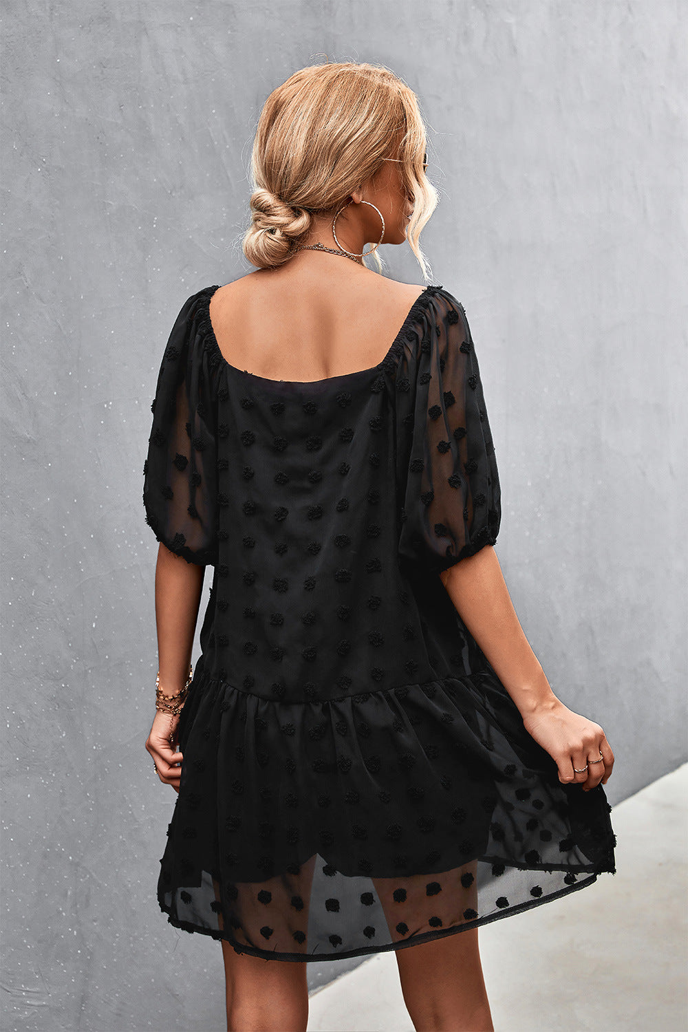 Women's Swiss Dot Square Neck Half Balloon Sleeve Dress