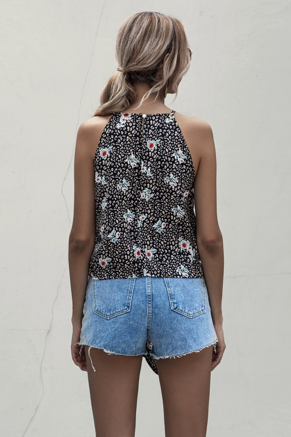 Geometric Fashion Leopard Floral Halter Tie Front Top *