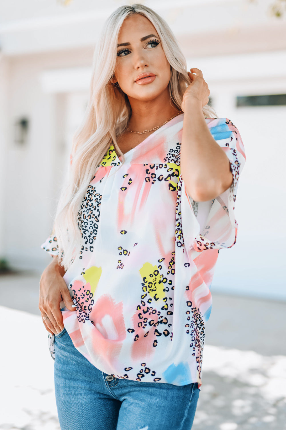 Full Size Mixed Print V-Neck Half Sleeve Top