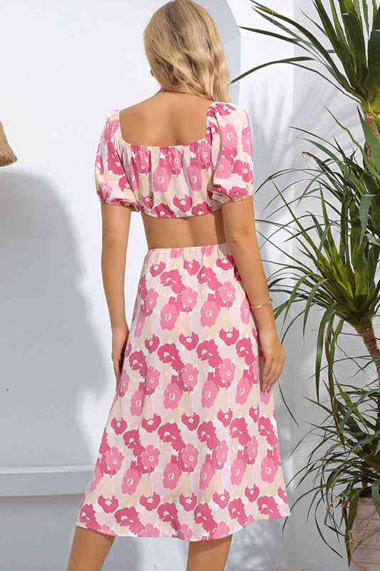 Carnation Pink Floral Cutout Square Neck Puff Sleeve Dress