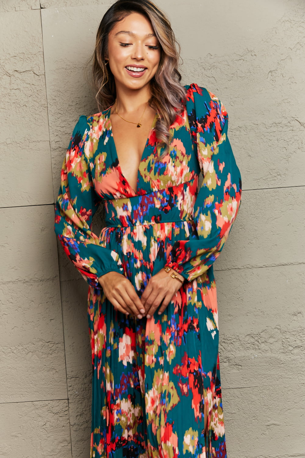 Deep Teal Printed Deep V Slit Pleated Dress