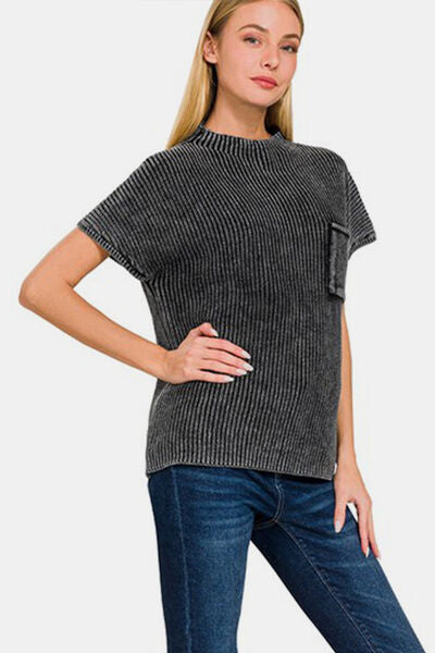Zenana Pocketed Mock Neck Short Sleeve Sweater - Brand Zenana