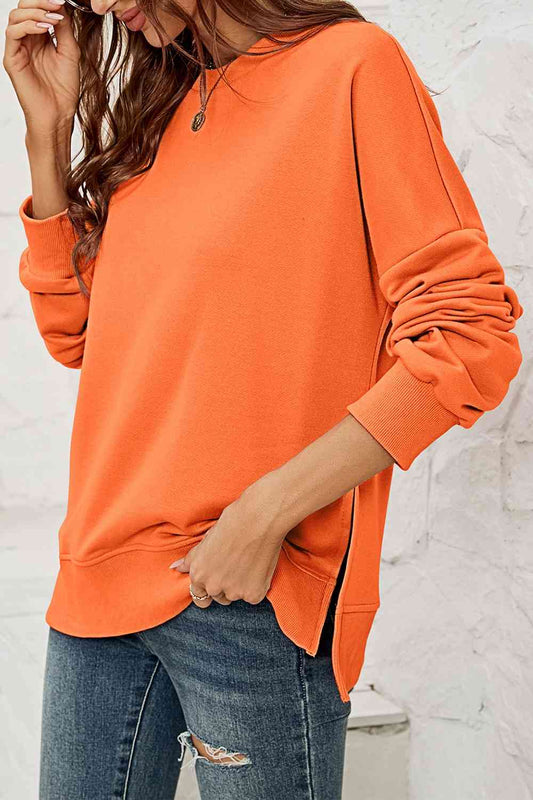 Round Neck Dropped Shoulder Slit Sweatshirt