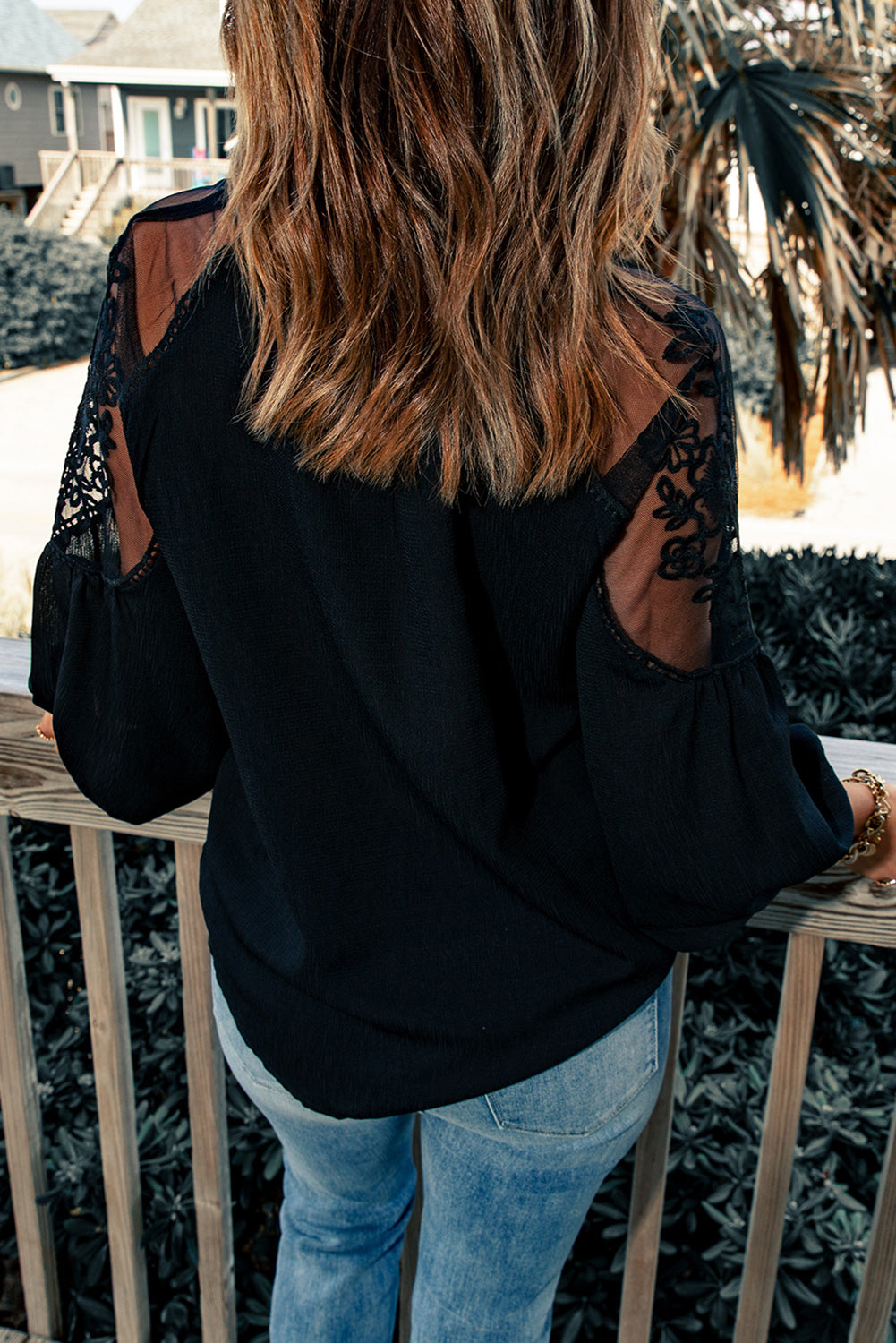 Women's Full Size Embroidered Tie-Neck Puff Sleeve Blouse