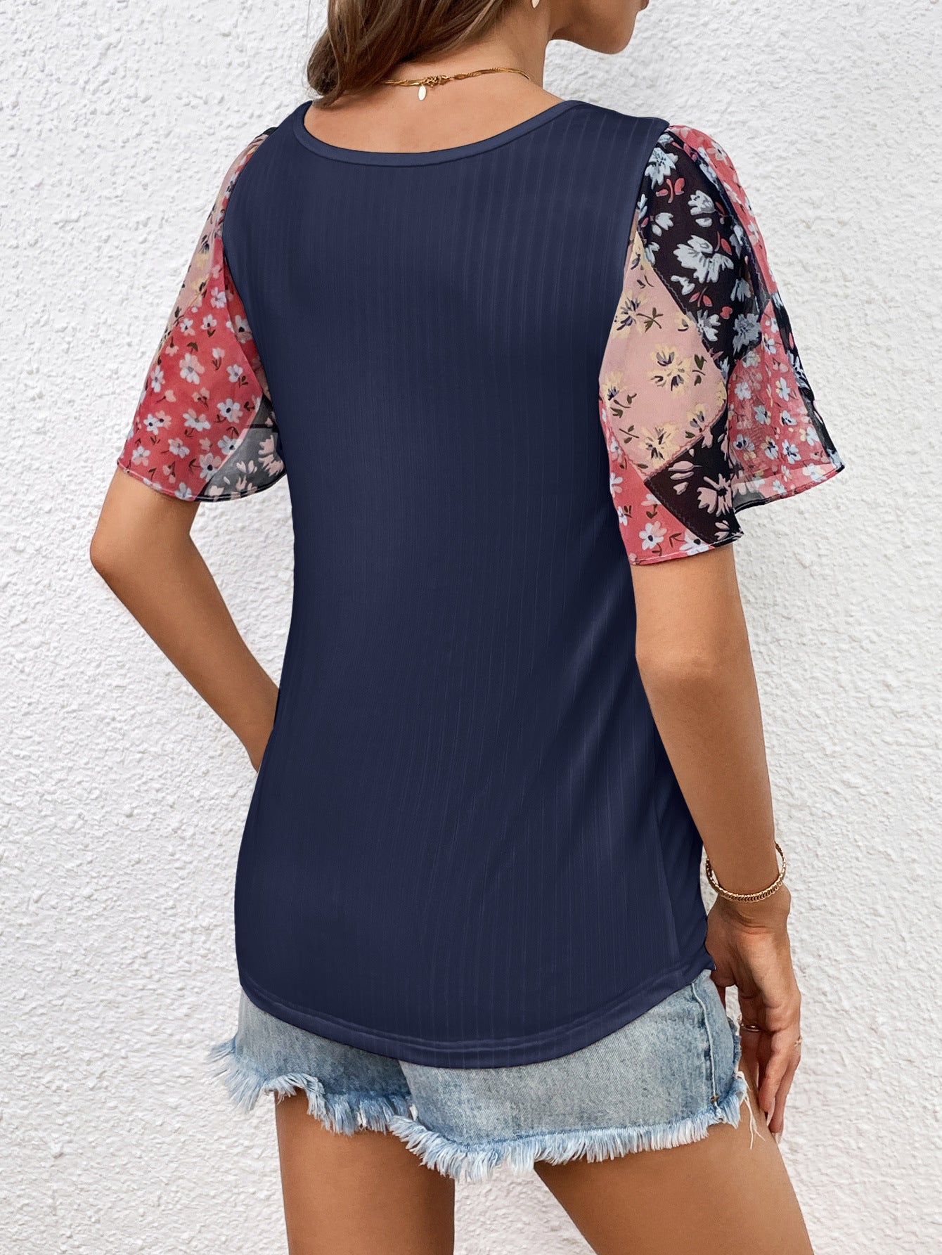 Full Size Printed Puff Sleeve Round Neck Tee